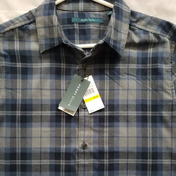 Perry Ellis Untucked Shirt Dark Sapphire Mens Medium Flannel Shirt $79MSRP - Picture 1 of 6